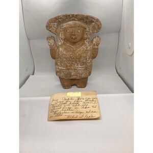 Pre Columbian Jaina Maya Pottery Figure Standing Woman Arms Raised Headdress Lrg